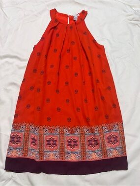 Artisan Red Backless Halter Dress with Patterned Hem